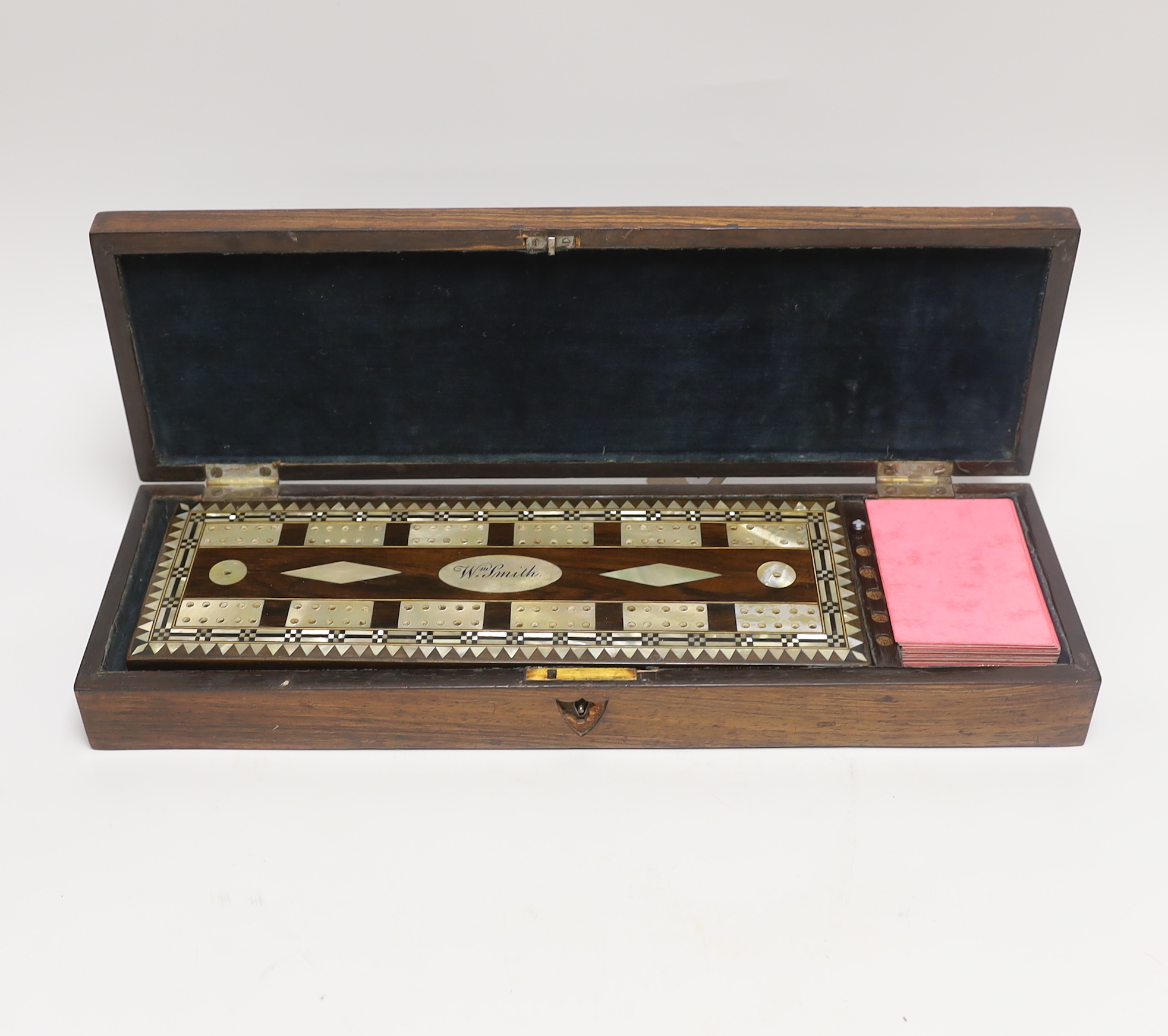 A mother of pearl inlaid rosewood cased cribbage set, with related letter, 1832